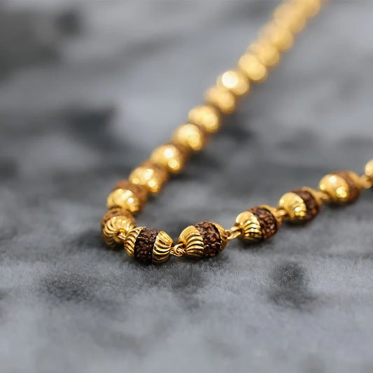 5 Mukhi Rudraksha Mala with Golden Caps | 54 Beads | Lab-Certified