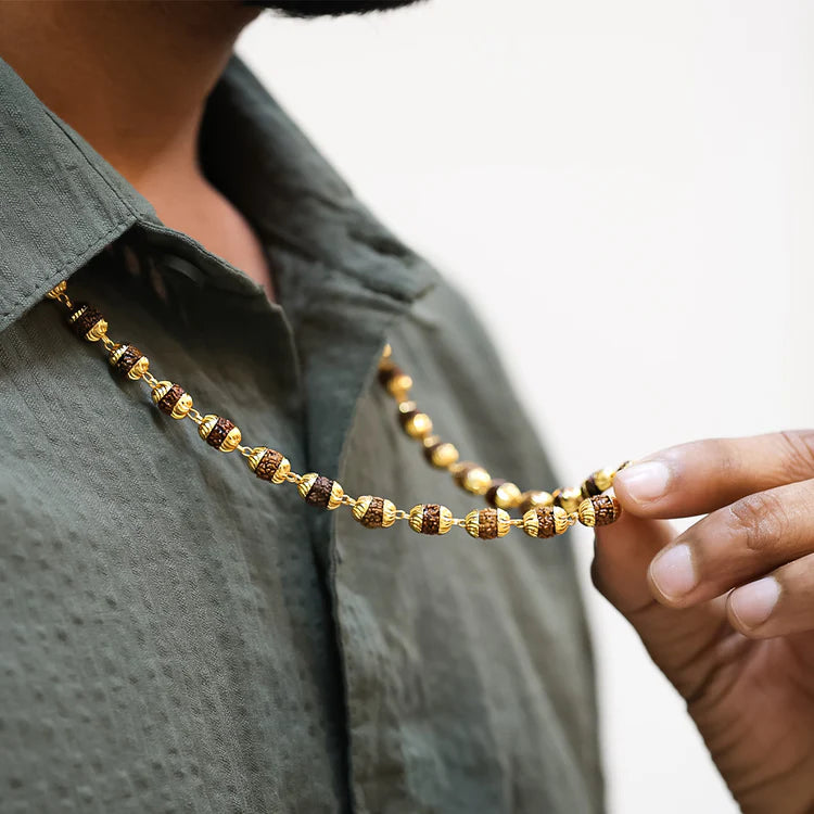 5 Mukhi Rudraksha Mala with Golden Caps | 54 Beads | Lab-Certified