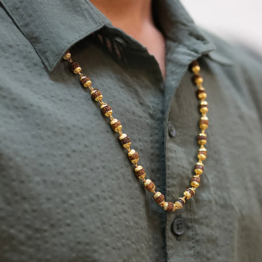 5 Mukhi Rudraksha Mala with Golden Caps | 54 Beads | Lab-Certified