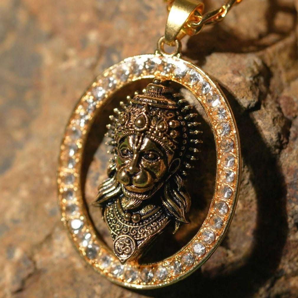Gold-Plated Hanuman Face Diamond Alloy Pendant Locket Set