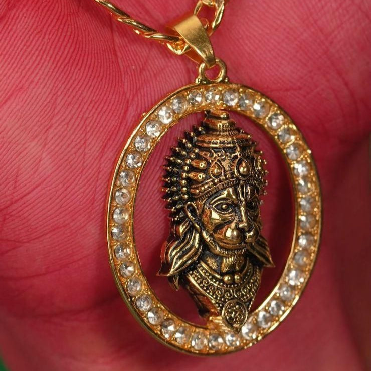 Gold-Plated Hanuman Face Diamond Alloy Pendant Locket Set