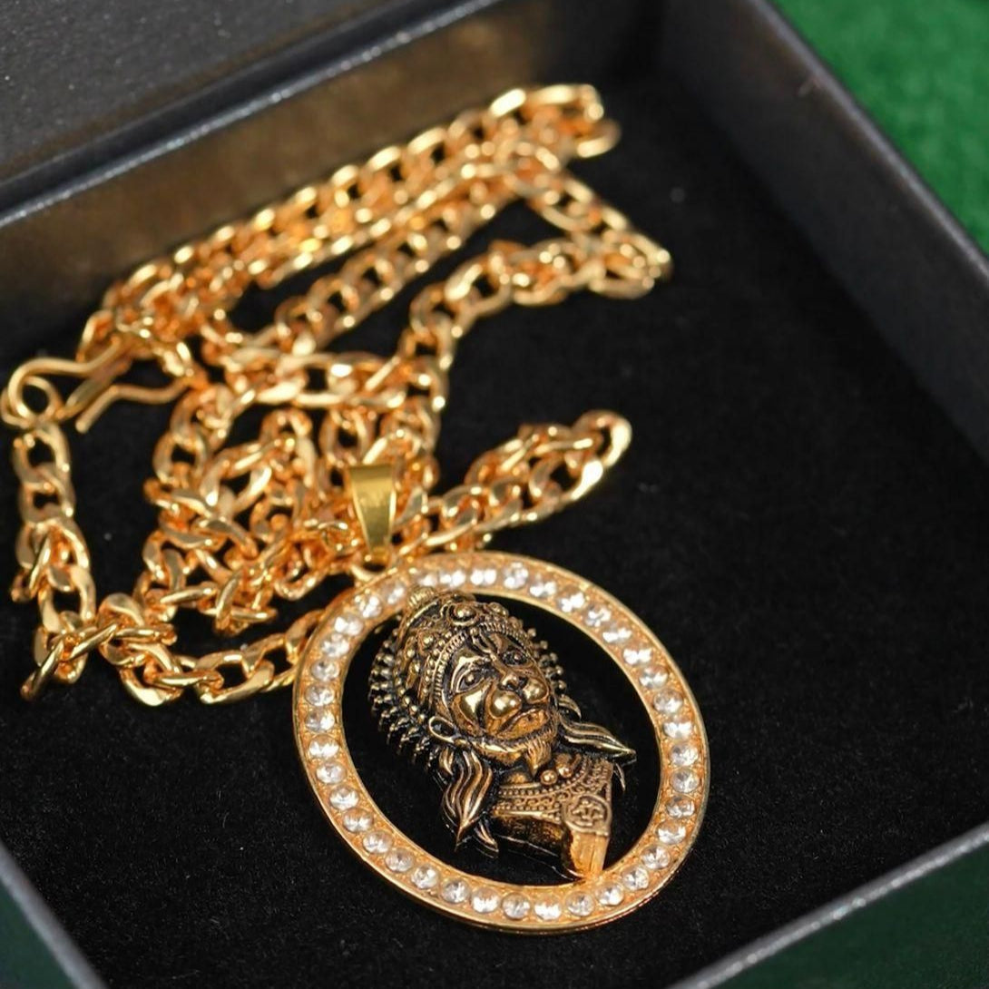 Gold-Plated Hanuman Face Diamond Alloy Pendant Locket Set