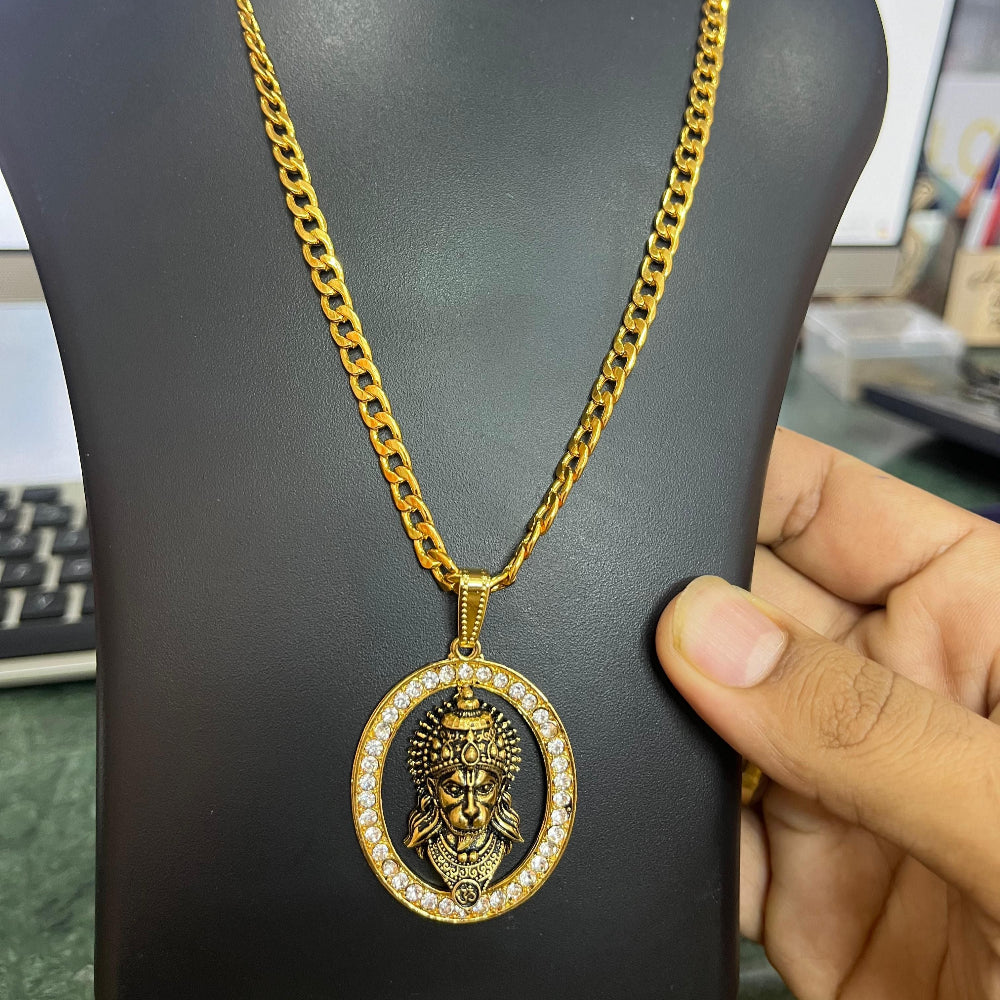 Gold-Plated Hanuman Face Diamond Alloy Pendant Locket Set