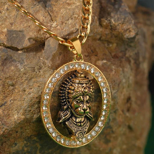 Gold-Plated Hanuman Face Diamond Alloy Pendant Locket Set