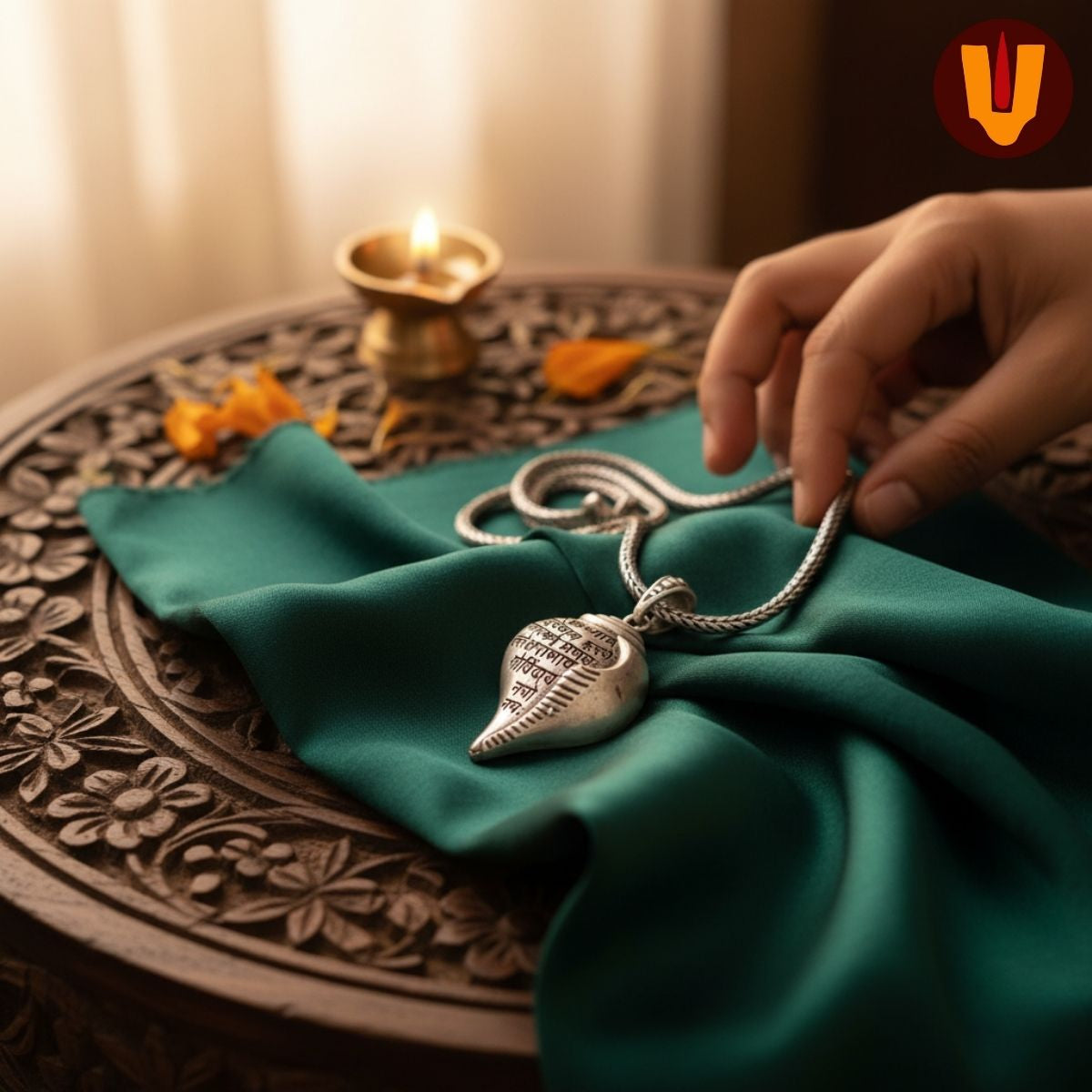 Mangalam® Auspicious Shri Krishna Mantra Shankh Pendant with Chain