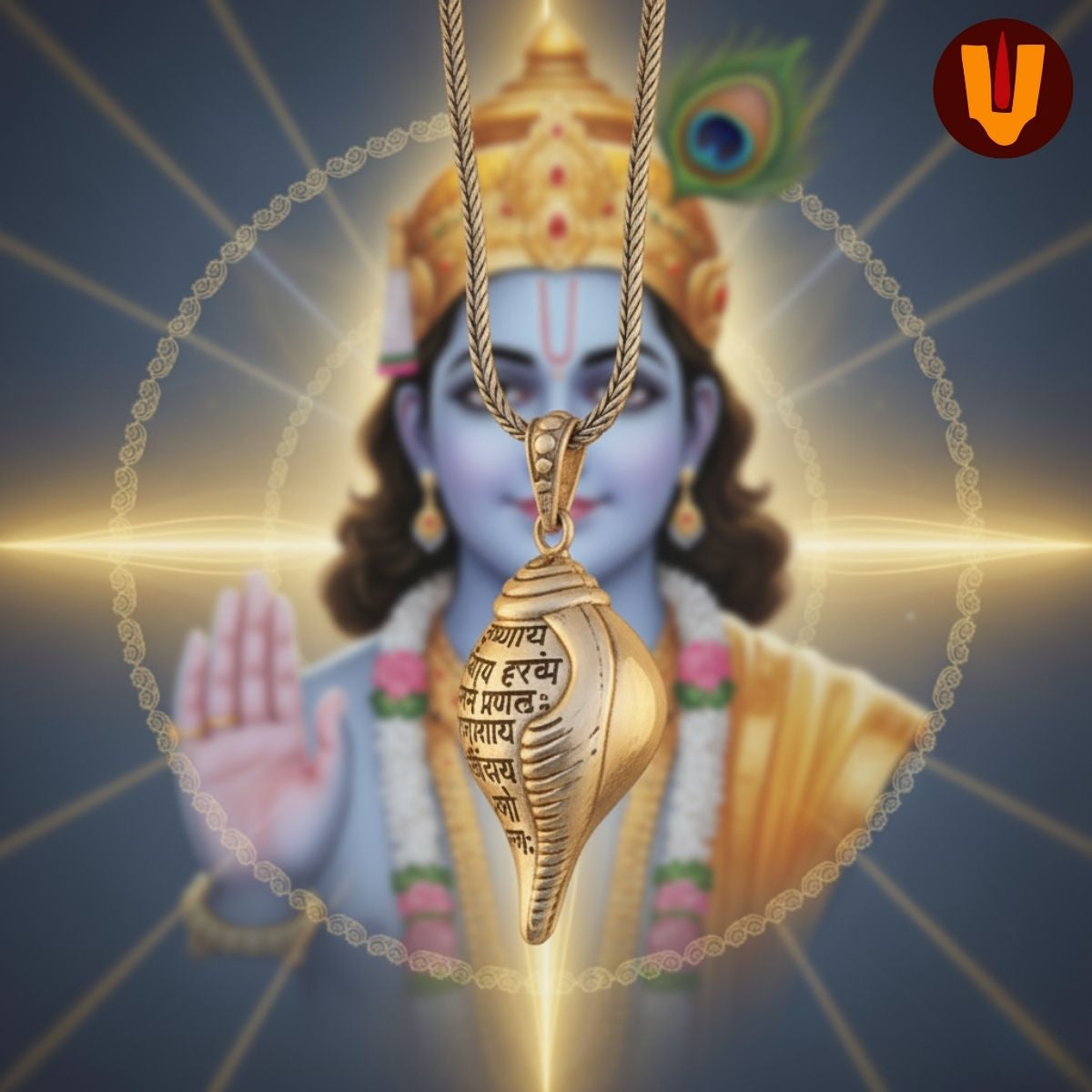 Mangalam® Auspicious Shri Krishna Mantra Shankh Pendant with Chain